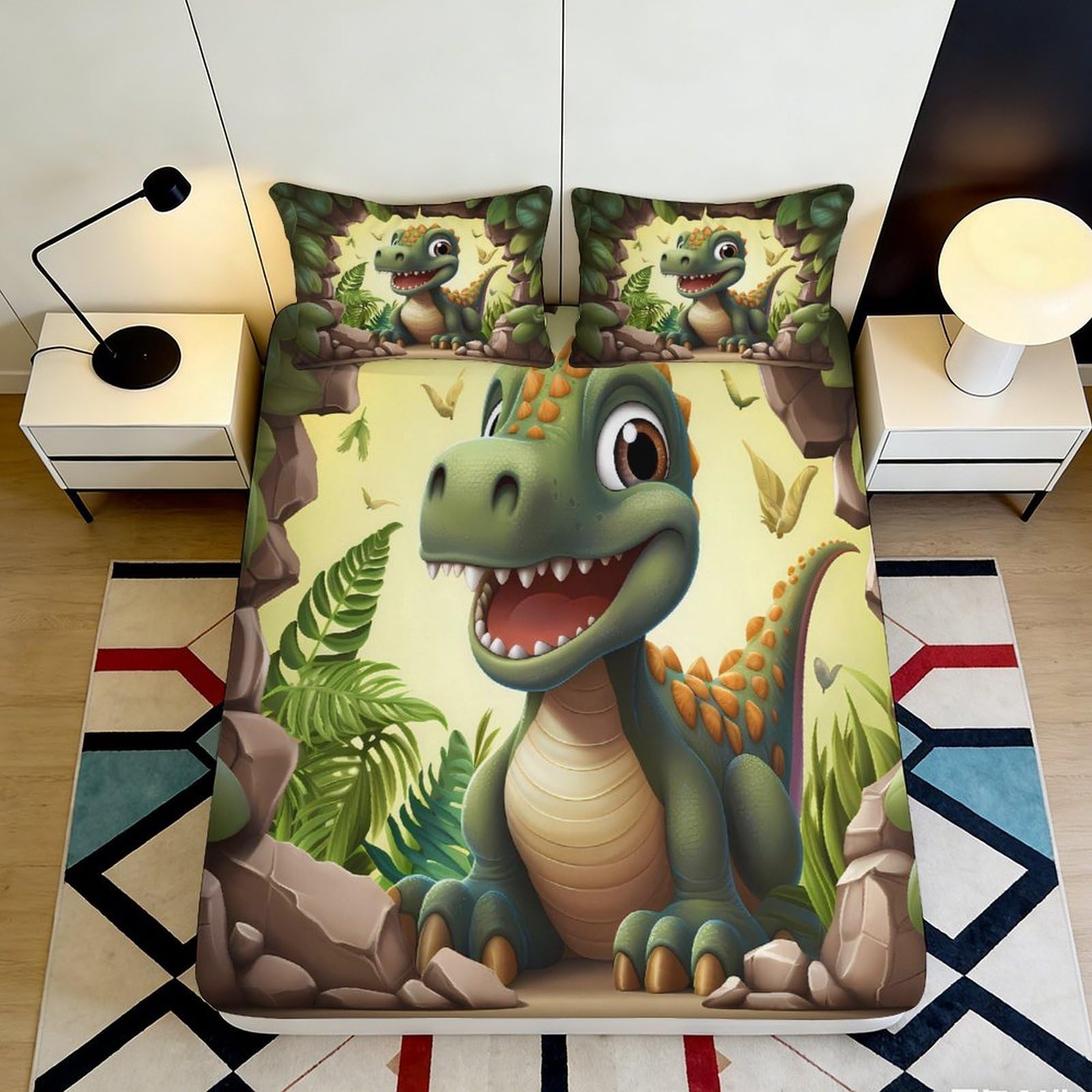 3D Printed Cute Dinosaur Fitted Sheet Microfiber Soft Breathable Cartoon Bed Cover with Mattress Cover for Bedroom Dormitory Guest Room Decor 200x200x25cm
