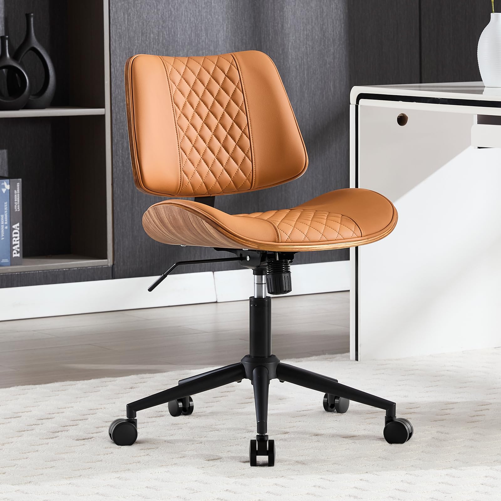 BERYTH Home Office Chair No Arms with Wheels, Adjustable Height PU Leather Mid Back, 360 Swivel Computer Small Desk Chair, Armless Modern Walnut Style