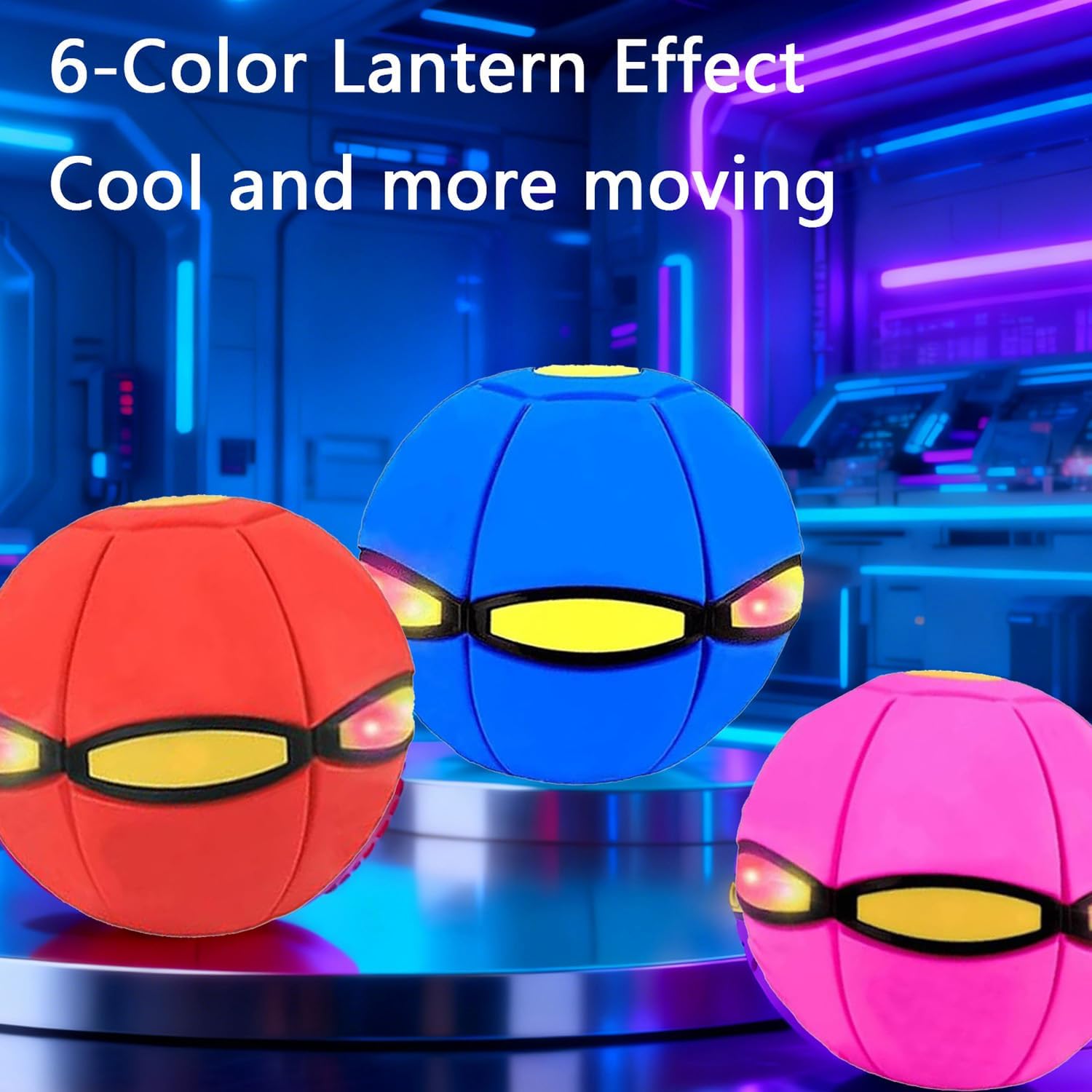 LED Light Up Transformable Flying Disc Ball, Glow in The Dark Flying Toy with 6-Color Flash Lights, Soft Rubber Indoor Outdoor Toy for Kids, Family & Pet Interactive Play (B+R)