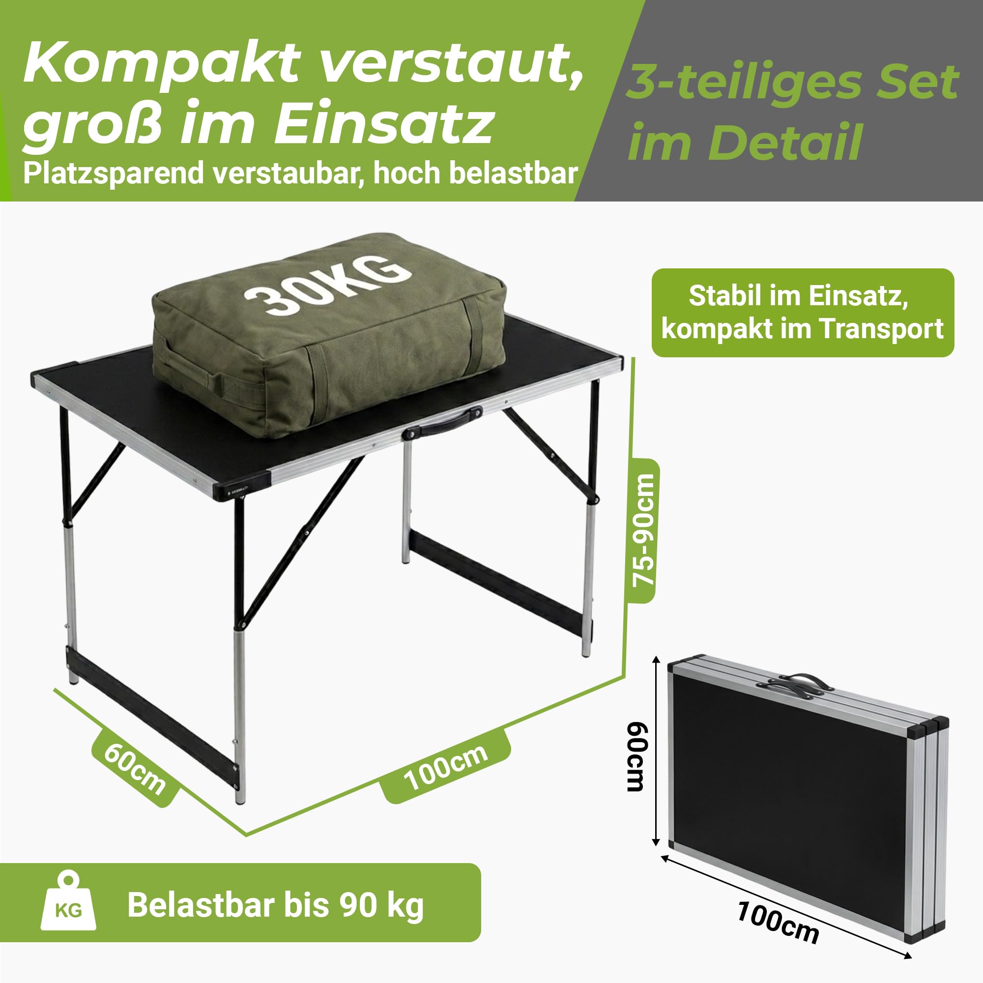 Mamba Tapeziertisch 3-teilig klappbar – Multifunktionstisch Set 100 x 60 cm, höhenverstellbar (75 – 94 cm), Alu-Rahmen, 90 kg Tragkraft, Power-Verstrebung – Flohmarkttisch Campingtisch Arbeitstisch