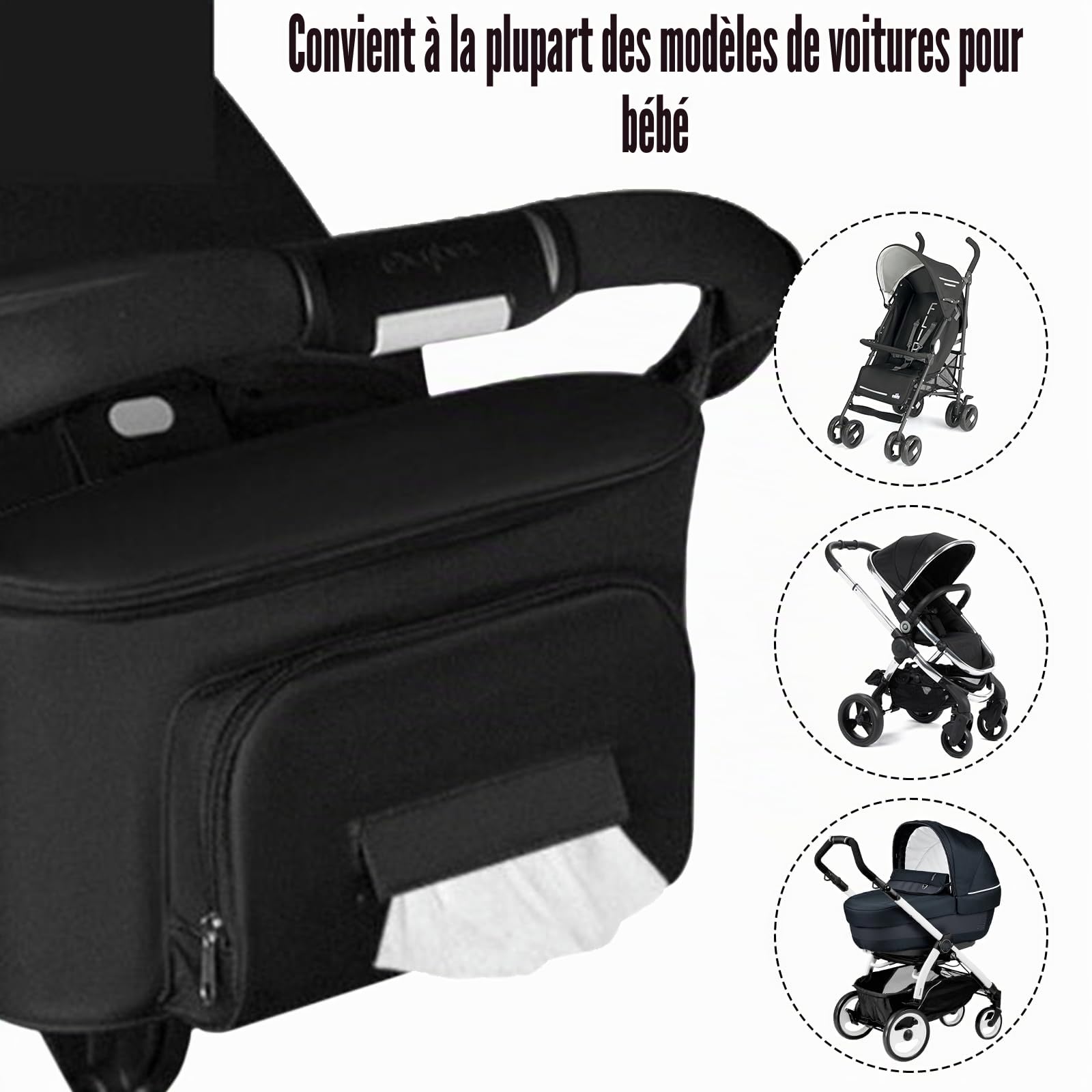 Organisateur Poussette Universel Imperméable Sac de Rangement pour Poussette en Oxford avec 2 Porte Gobelets Isothermes et Bandoulière Réglable Idéal pour Biberons, Couches et Accessoires Bébé (Noir)