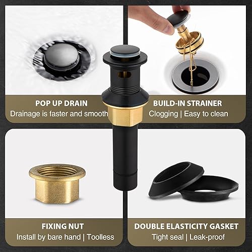 Miniatura 7 de Grifo de lavabo de baño de un solo orificio negro mate y dorado brillante con drenaje desplegable de metal, grifo de baño de cascada alto