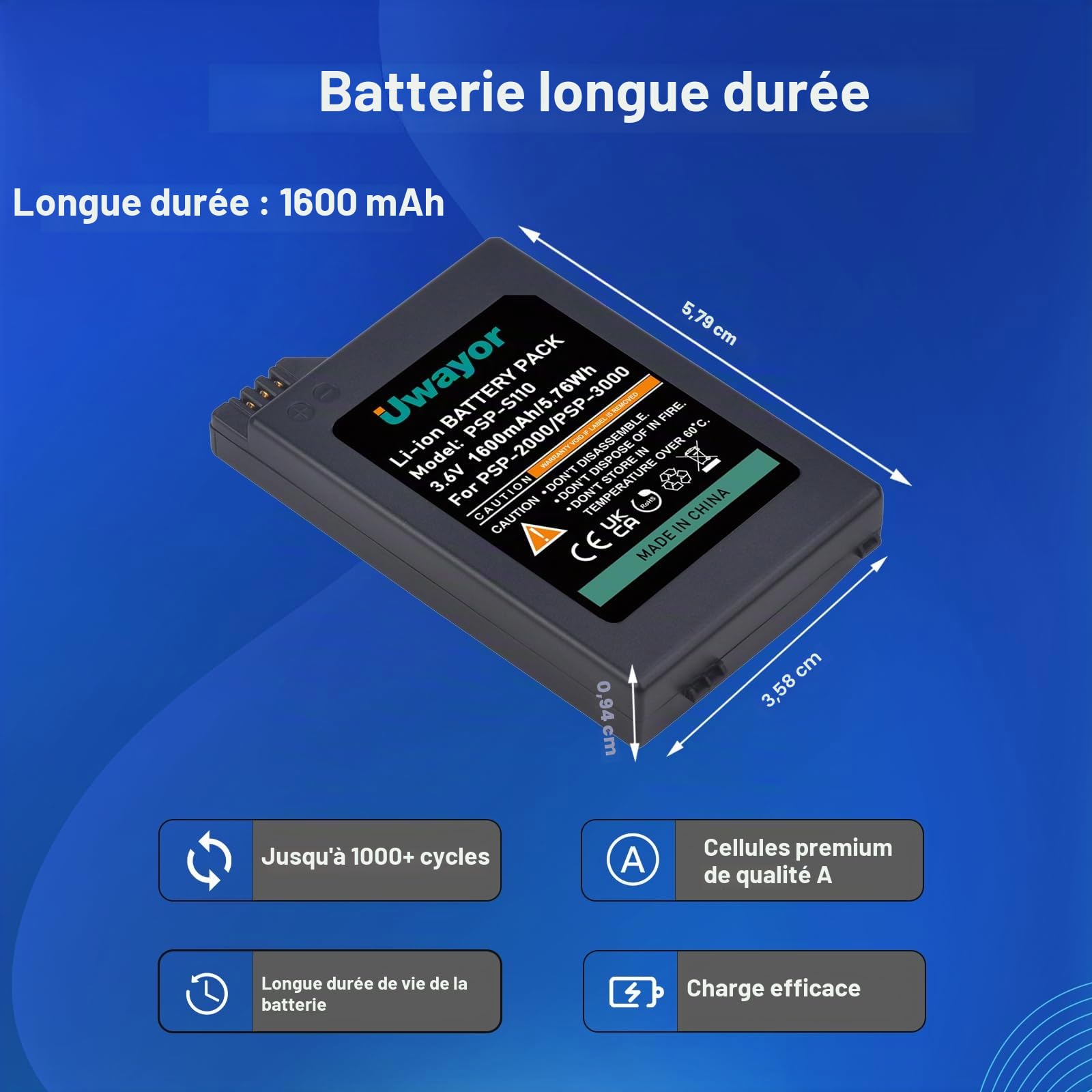 Batterie 1600Amh pour PSP 3000/2000, PSP Slim 2000, PSP-S110, PSP-3001, PSP-3000, PSP-3002, PSP-3004, PSP-2001, PSP Slim Console