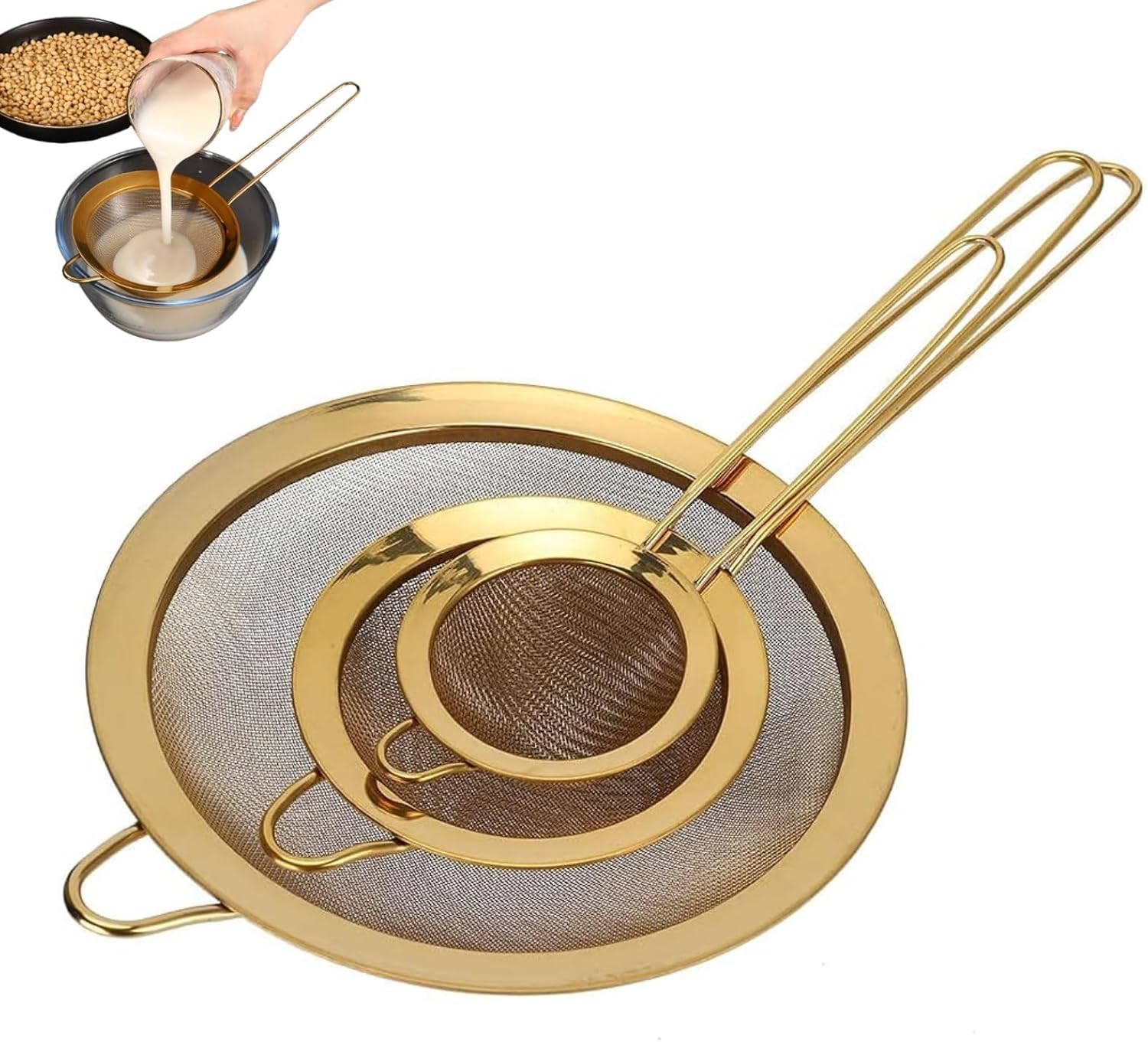 Fine Mesh Strainer Set, Gold Strainer for Juicing Stainless Steel Fine Mesh Strainer Set Of 3 with Handle for Kitchen Food Flour Baking