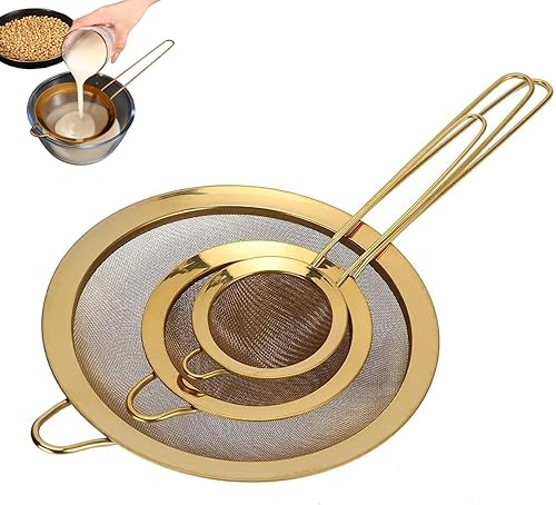 Juego de 3 coladores de malla fina, colador dorado para exprimir jugo de acero inoxidable, juego de 3 coladores de malla fina con asa para cocina,