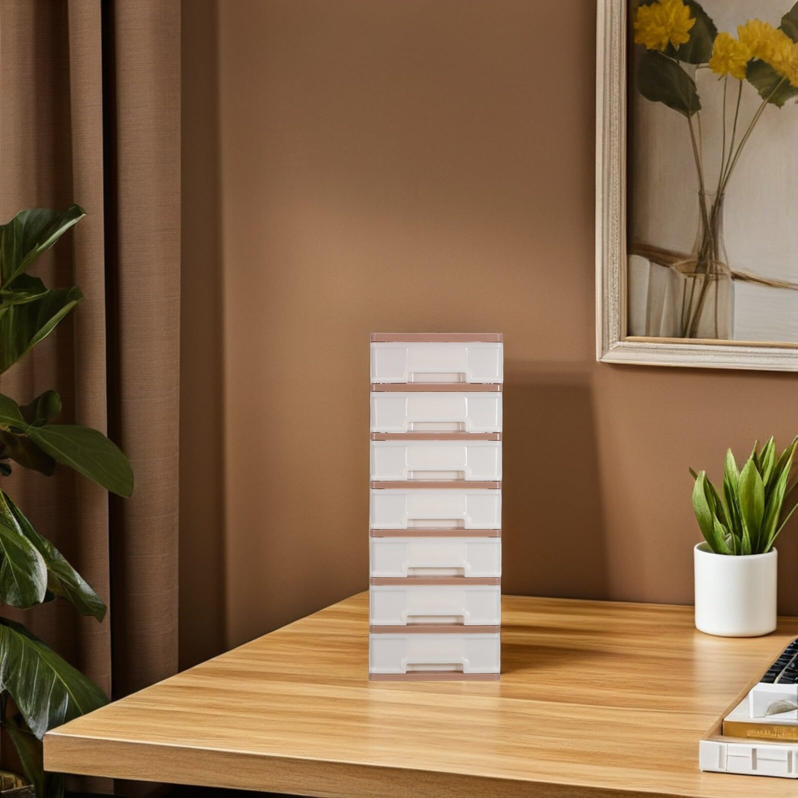 Organizador de Escritorio de Plástico 7 Cajones Marrón | Diseño Multicapa de Almacenamiento, Estructura Resistente, Uso Versátil, Adecuado para Apartamentos Pequeños y Dormitorios