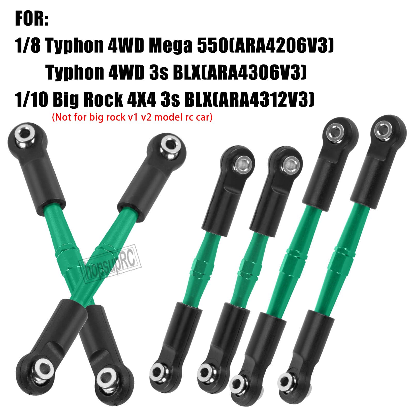 RC Adjustable Turnbuckles Camber Upgrades Part for 1/8 Typhon 4WD 3S MEGA 550 BLX,1/10 Big Rock 4X4 V3 3S BLX RC Car,Tie Rod Set Link Linkage Rod,Adjustable Links Steering Links,6PCS(Green).