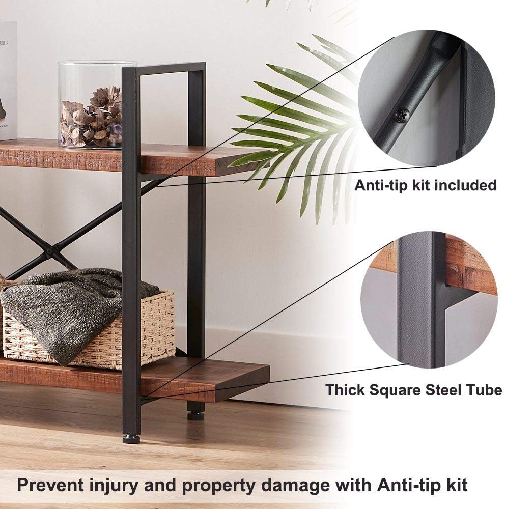 HSH Natural Real Wood Bookshelf, 2 Tier Small Rustic Vintage Industrial Etagere Bookcase, Low Open Metal Farmhouse Solid Wooden Book Shelf, 2 Shelf Bookcase for Living Room Bedroom, Distressed Brown