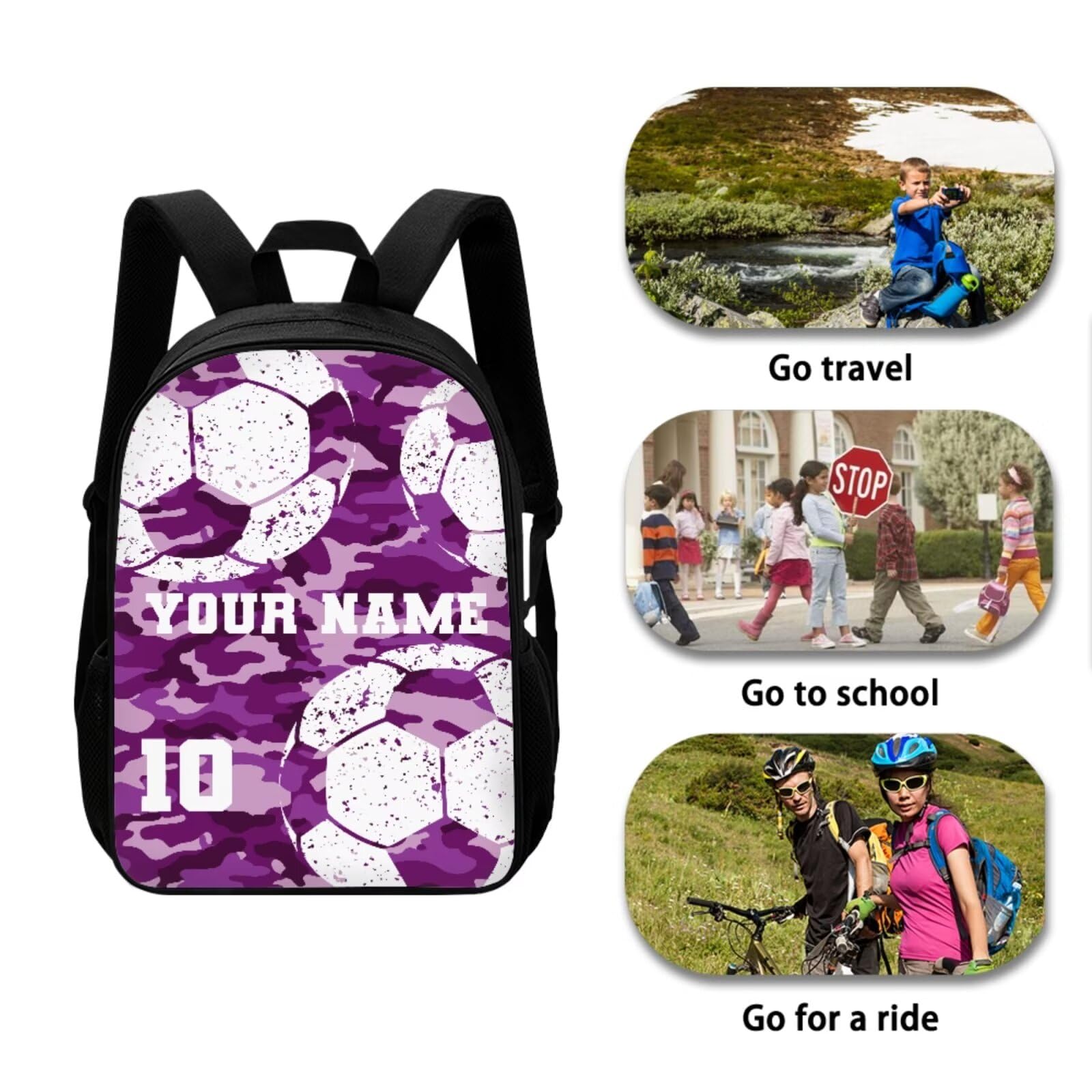 Poceacles Custom Soccer Pattern Kids Backpacks for Middle School Elementary Backpack Set Lunch Bag and Pencil Bag, Kids School Backpack for Teen Girls Boys, Purple Camo Print School Bags Bookbag