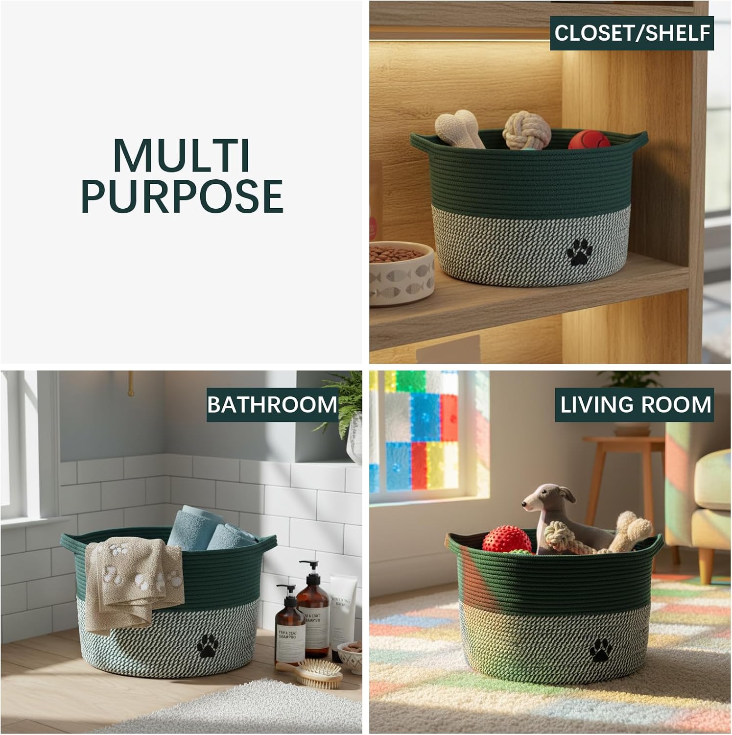 Morezi Dog toy basket bin storage large 16"x 10.5" in with handle great for organizing pet toys grooming stuff closthing in living room area playroom closet home decoration Green White