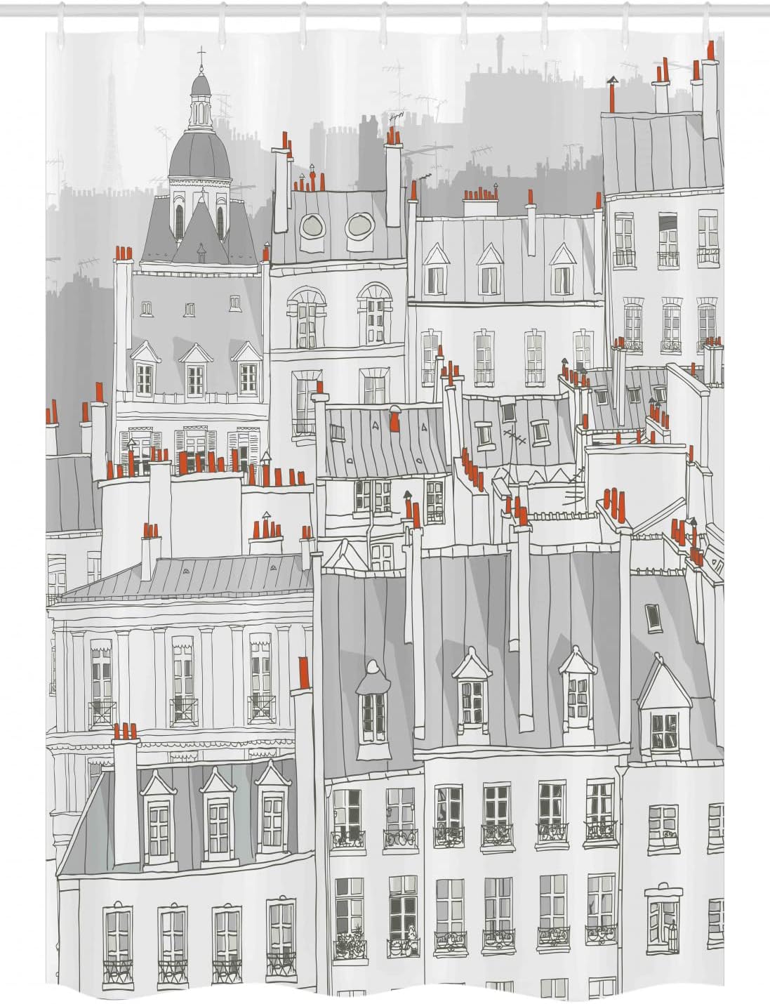 Ambesonne Paris Stall Shower Curtain, Aerial View Illustration of Roofs Attics of Paris City European Buildings, Fabric Bathroom Decor Set with Hooks, 54" W x 78" L, Pale Grey Orange White