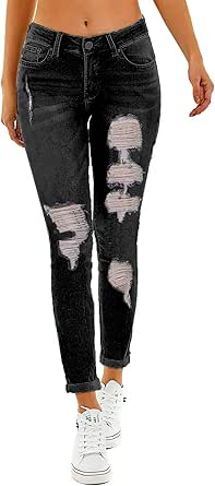 RHODANTHE Women's Ripped Boyfriend Jeans Stretch Skinny Jean Trendy Distressed Straight Leg Jeans with Holes
