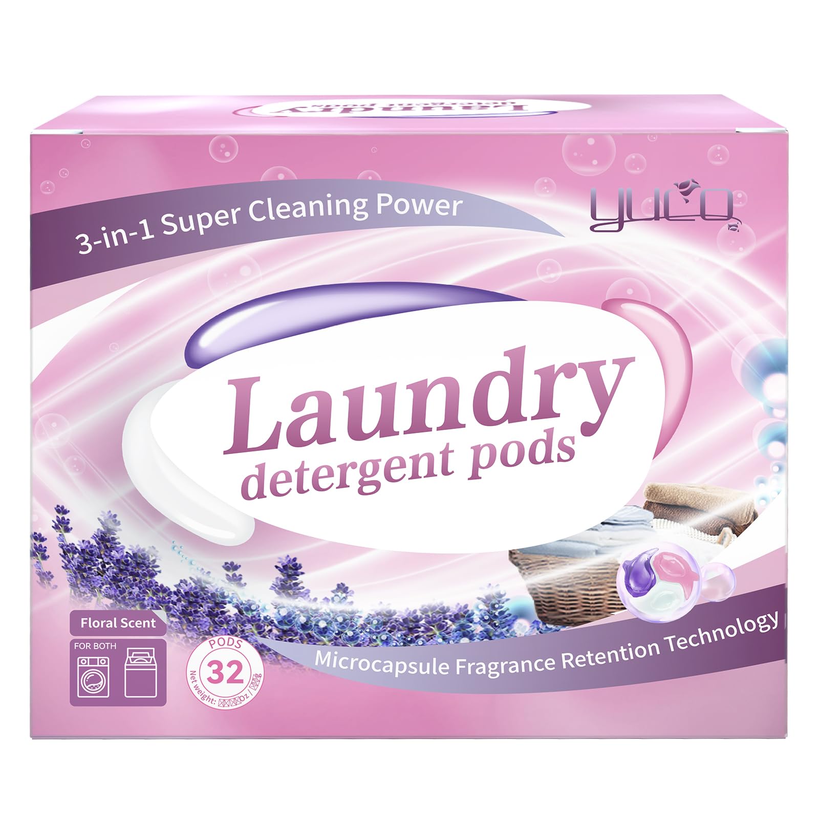 YUCO Pods Laundry Detergent Hypoallergenic, 3IN1 Super Cleaning Power, Microcapsule Fragrance Retention Technology (Floral Scent,1 Box of 32 Pod,Net 15g/pod,Net 480g)