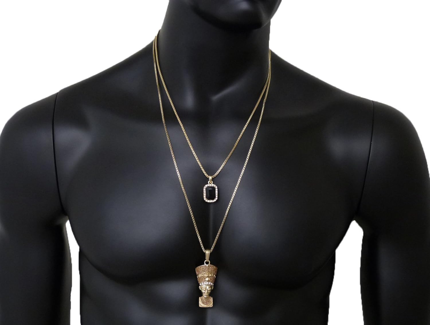 Fashion 21 Gold-Tone Colorful Gemstone, Egyptian Nefertiti Pendant 24", 30" Box Chain 2 Necklace Set