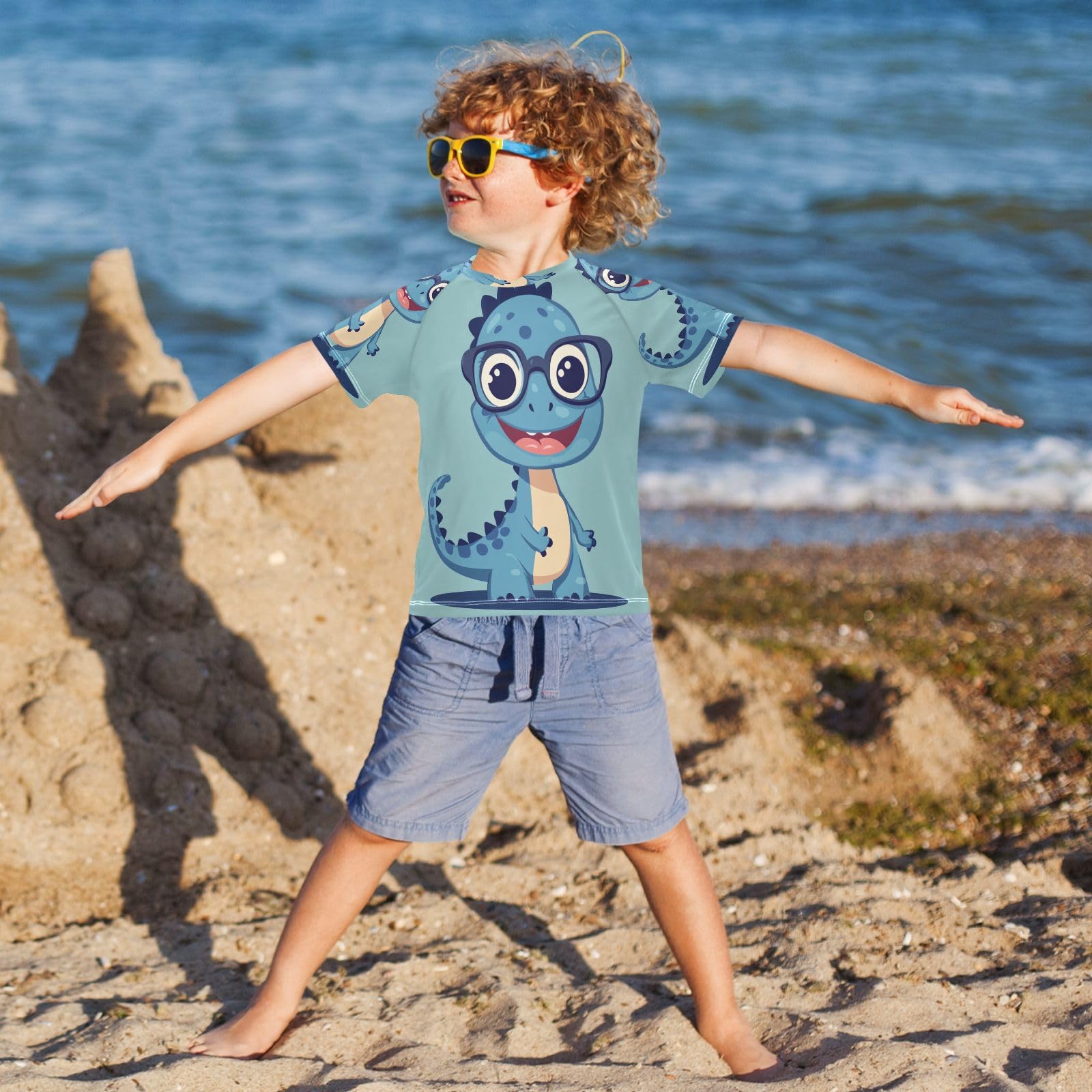 Boys Sun Shirts UV Protection Short Sleeve Rash Guard Swim Shirt Cartoon Dinosaurs Water Shirt Rashguard 11-12T,099
