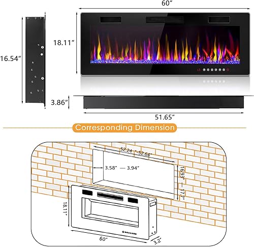 Vista 7 de LEMBERI 60 inch Electric Fireplace Recessed and Wall Mounted,750/1500W Fireplace Heater and Linear Fireplace with Touch Screen Control Panel