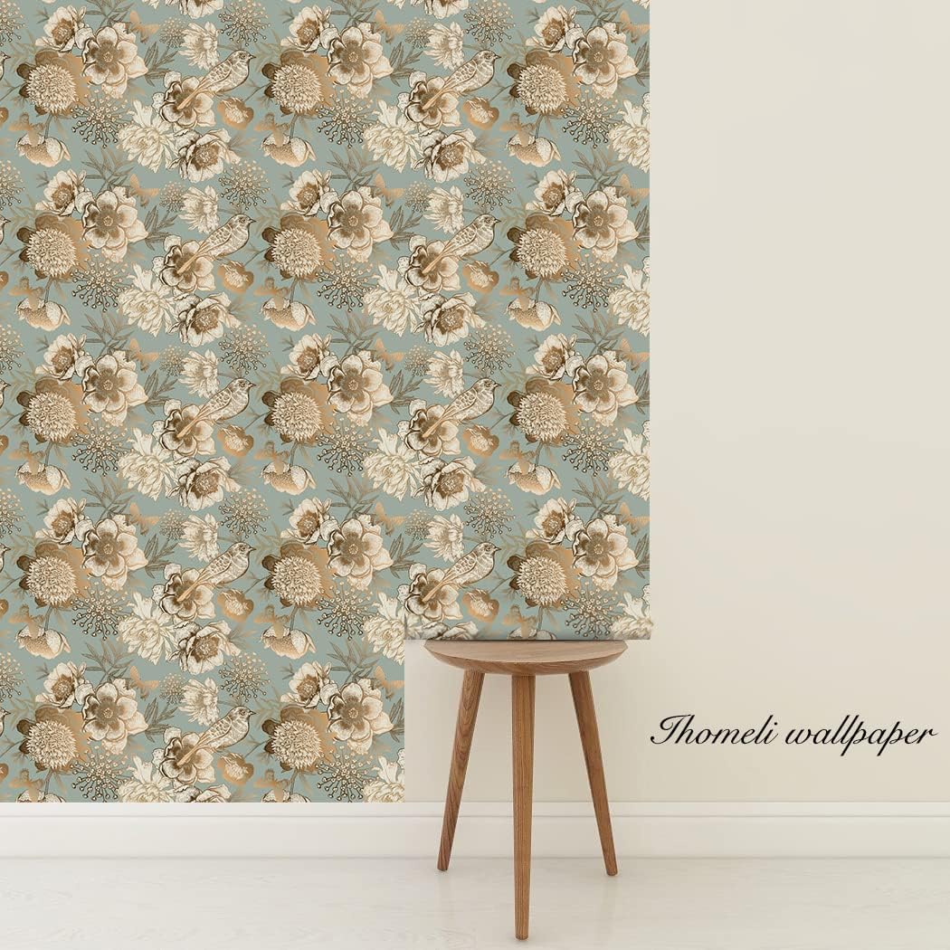 Vintage Birds Peel and Stick Wallpaper Blue Gold Floral Self Adhesive Wallpaper Renter Friendly Removable Contact Paper for Bathroom Bedroom Cabinets Shelves 17.7in x 9.8ft