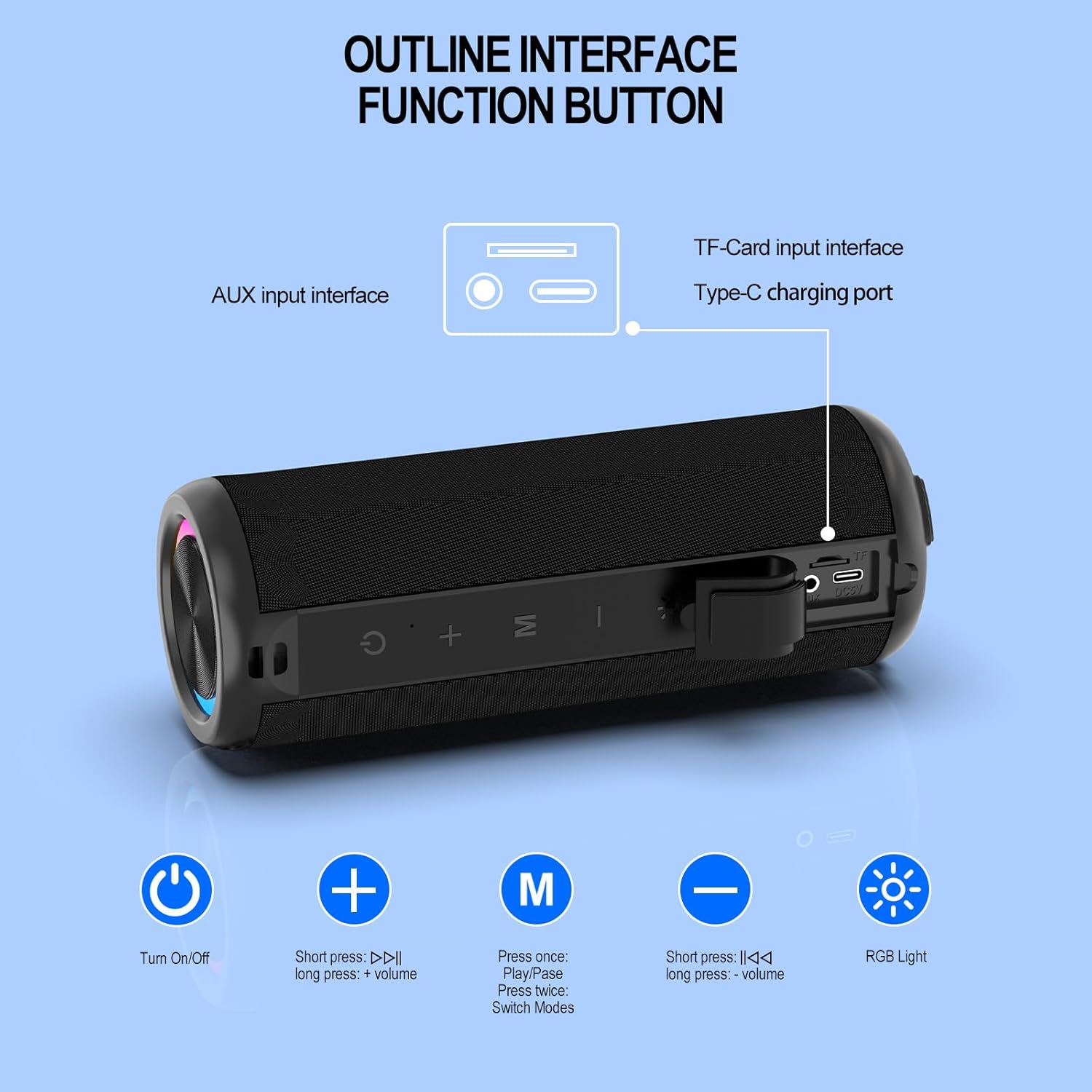 Portable Speaker with AUX/TF-Card Input, 16W Loud Stereo Sound, (Ring+Bar) RGB Light, Wireless Bluetooth 5.4, IPX55 Waterproof, TWS Dual Pairing, 3600mAh Battery (Black) - Image 8