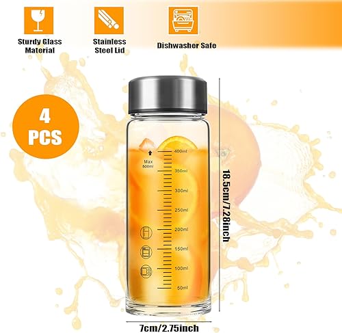 Miniatura 3 de Botellas de vidrio para jugo de 16 onzas, paquete de 4 recipientes reutilizables de boca ancha con tapas de acero inoxidable, botellas agitadoras de