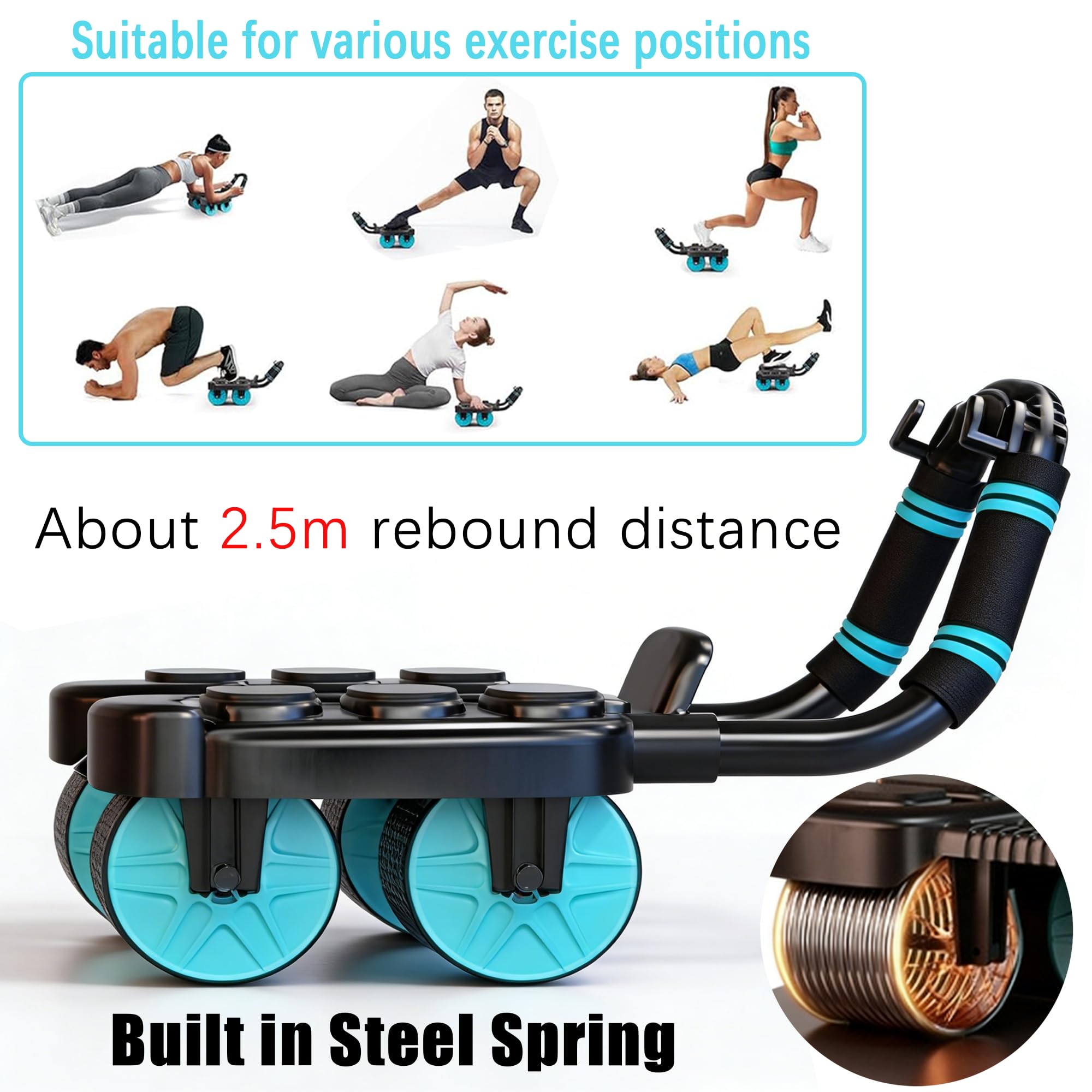 Rueda de ejercicio para abdominales, incluye una rodillera, con 6 coderas y 4 ruedas, puede rebote automático, equipo de ejercicio abdominal para abdominales centrales, para gimnasio en casa
