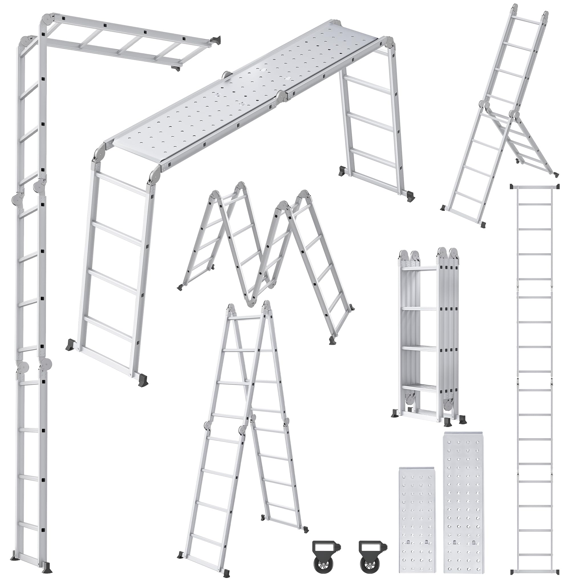 Froadp Escalera multiusos 6 en 1, 4,7 m, plegable, de aluminio, con 2 ruedas y plataforma, multifunción, soporta hasta 150 kg