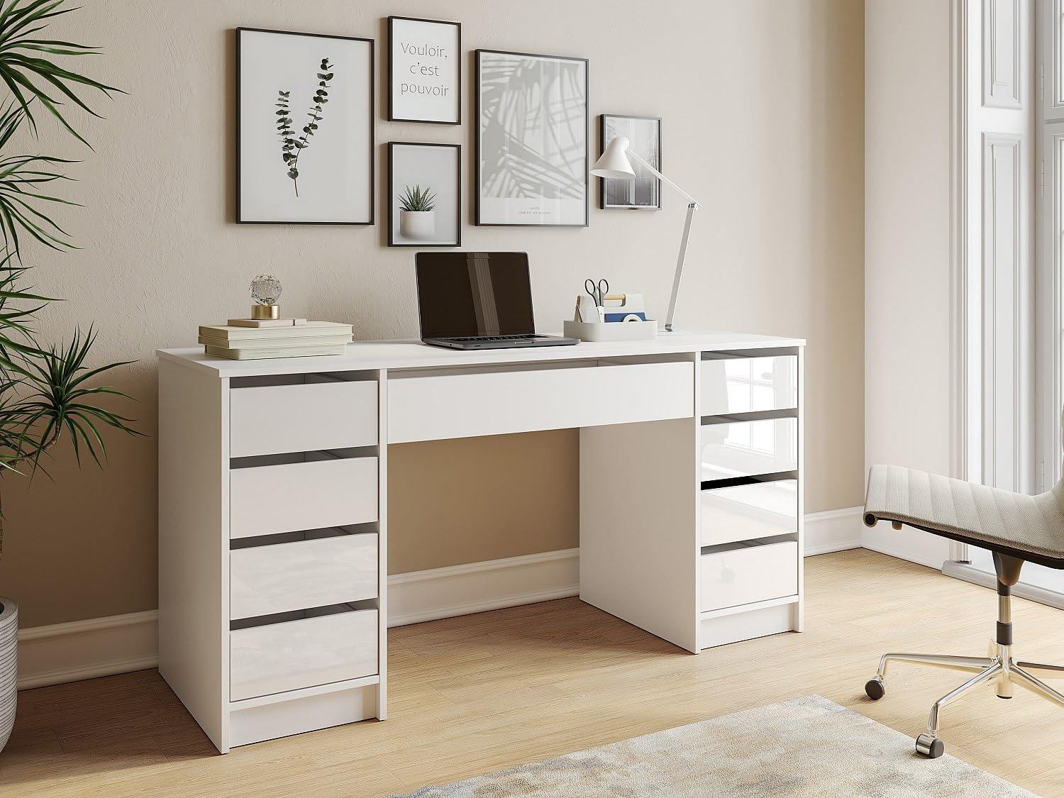 Vente-unique-Escritorio con 9 cajones - Blanco Brillante - JENEMI