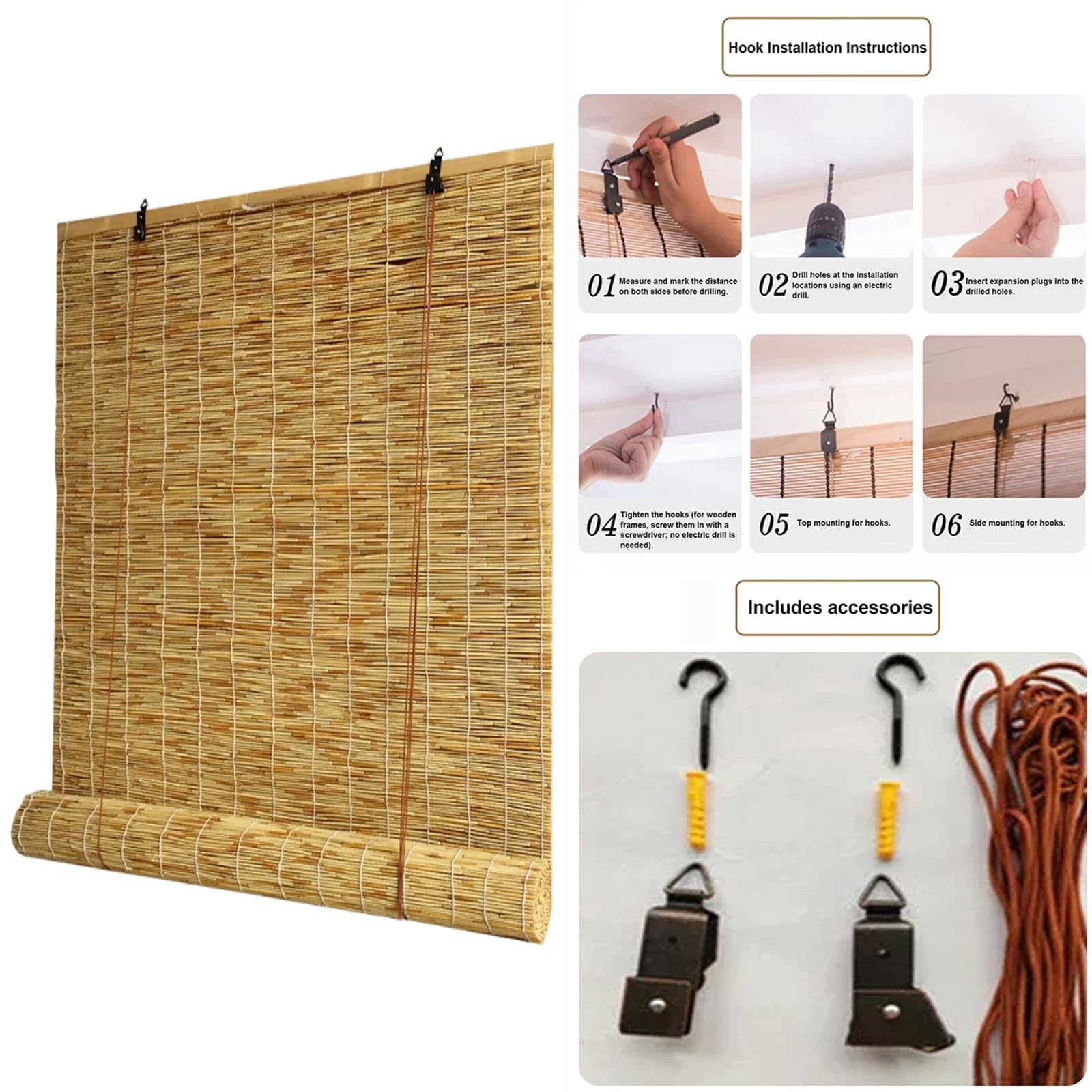 Tenda a Rullo in Bambù,Tapparella a Carrucola in Bamboo,Tapparelle in Reed (W115xH240cm)
