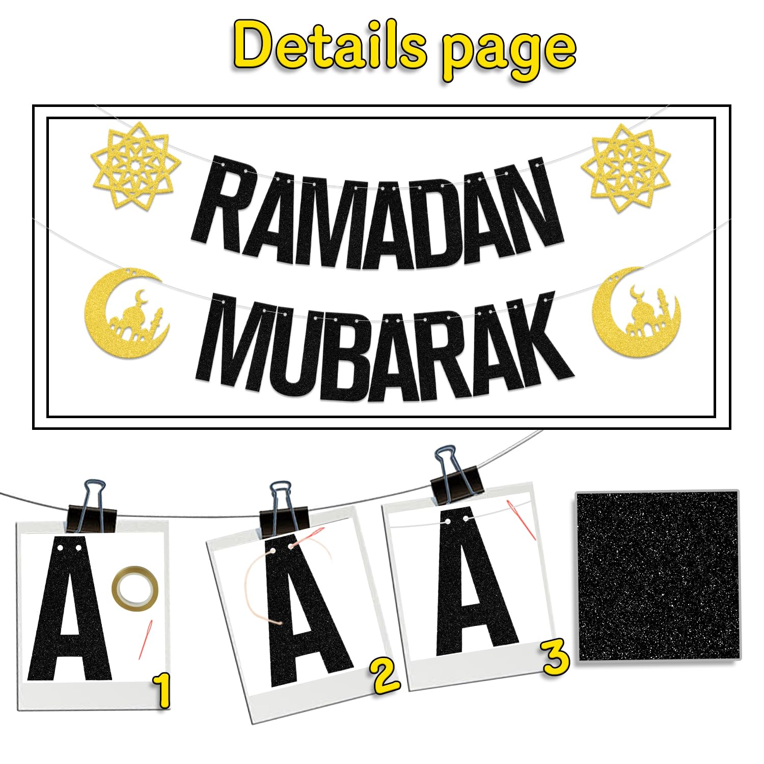 ZCXVC Ramadan Mubarak Banner Umrah Mubarak Decorations Muslim Islam Eid Party Decorations Black Glitter, 2.5 cm x 4.3 cm - Image 2