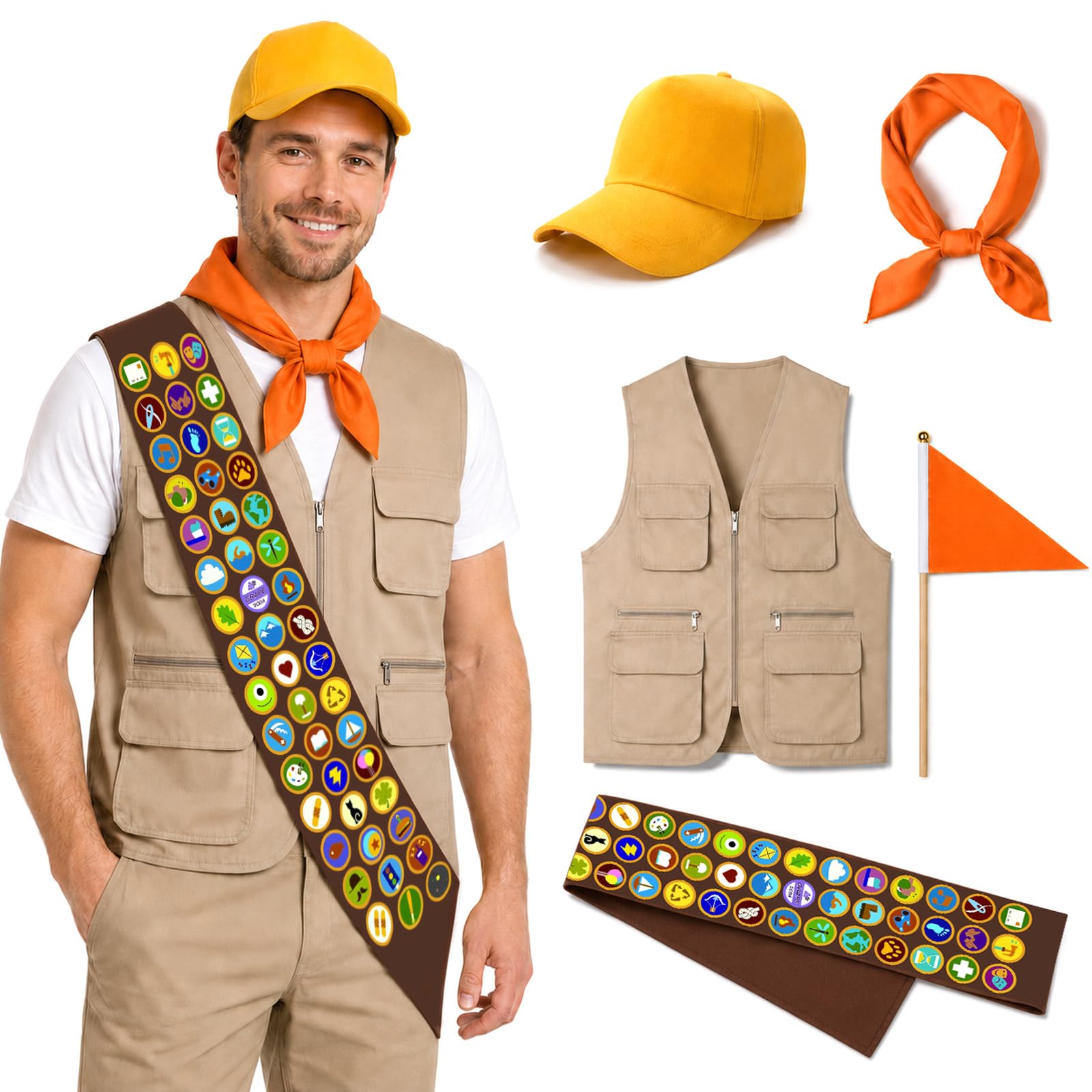 Boyigog Halloween Scout Costume Wilderness Explorer Costume 5PCS Scout Vest Sash Beret Hat Bow Tie Scarf Explorer Fancy Dress Costume for Halloween Party Cosplay (Brown, XXL)