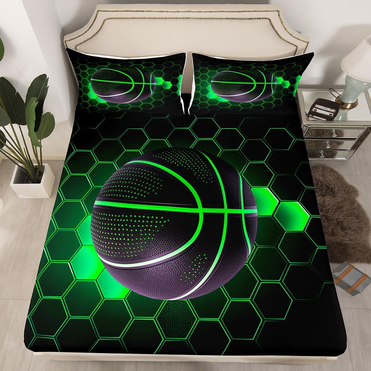 jejeloiu Basketball Fitted Sheet Twin Size Kids Honeycomb Bedding Set for Boys Girls Teens Bright Green Bed Sheets Set Breathable Soft Lightweight