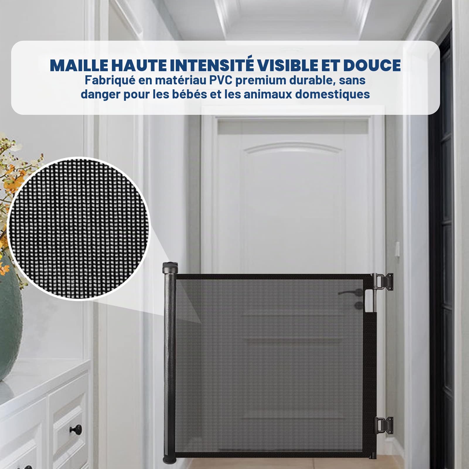 HollyHOME Barrière de Sécurité Rétractable pour Bébé 180 cm Extra Large à Une Main, Barrière D'escalier pour Bébé et Animaux Domestiques, Intérieur et Extérieur, Noir