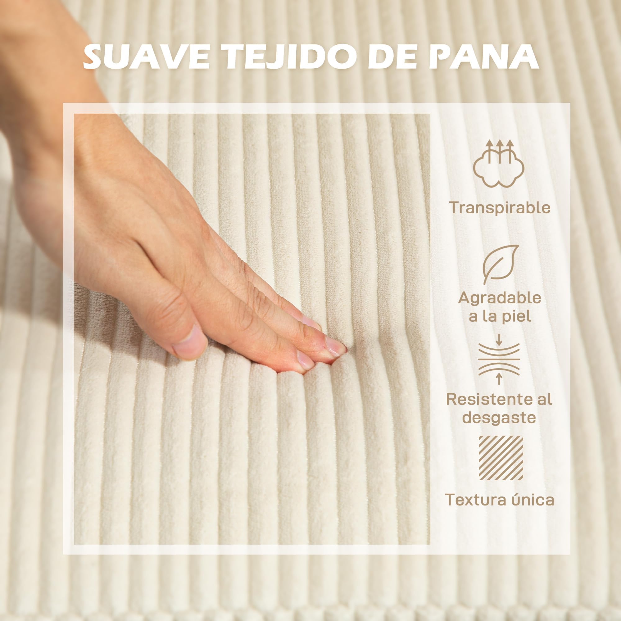 HOMCOM Sofá Chaise Longue, Sofá de 3 Plazas en Forma de L, Tapizado en Pana, Asiento y Respaldo Acolchados, para Salón, 214x134x87 cm, Beige