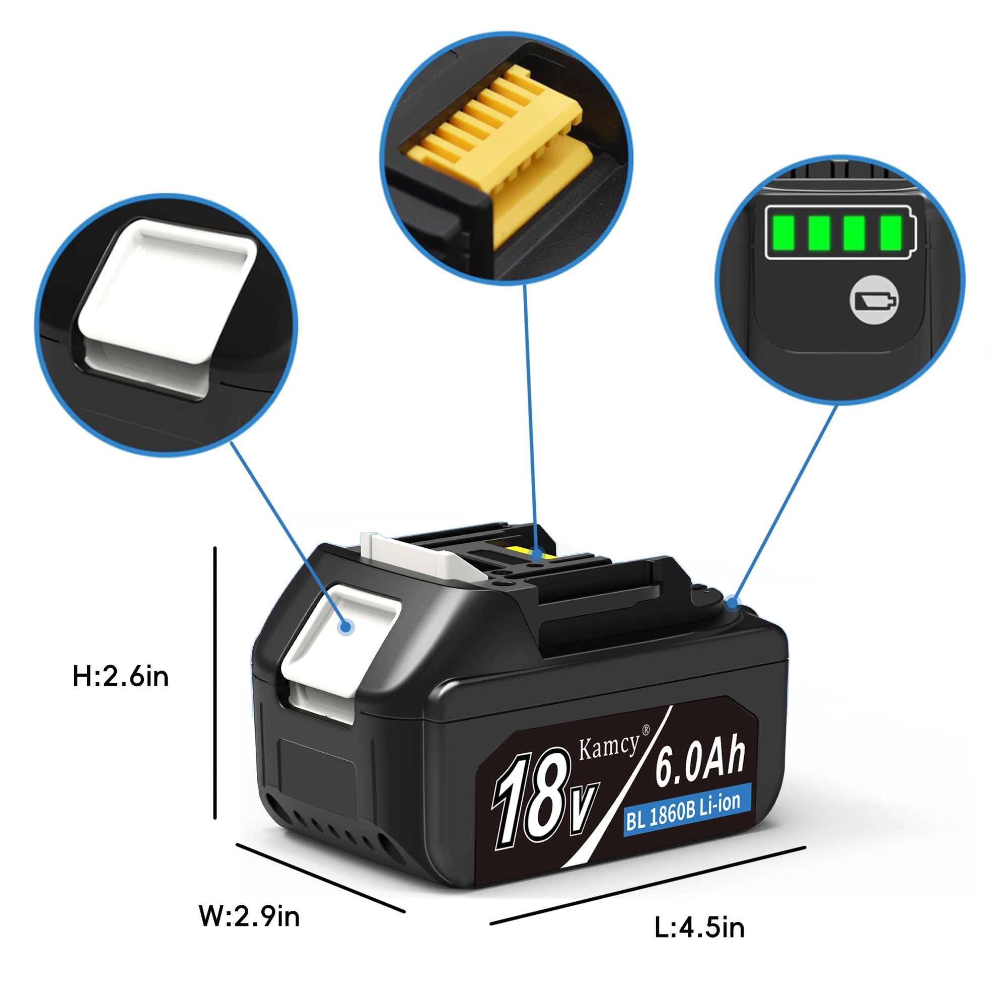 KAMCY 18V 6.0Ah Lithium-ion Replacement Batteries Compatible with Makita 18V Battery BL1860B BL1850B BL1840B BL1830B BL1815 (Enterprise)