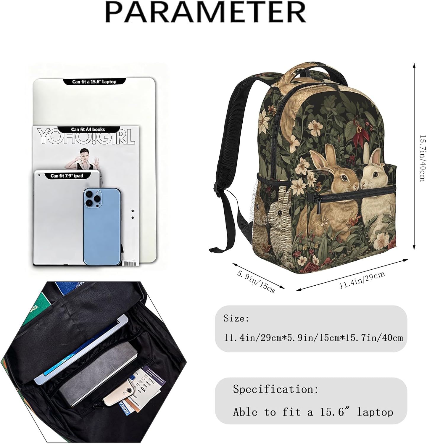 Rabbit Floral Casual Backpack, Lightweight Laptop Bag Daypack, Flower Botanical and Bunny Backpacks for Women Girls Teens Students, Vintage Polyester Bookbag Gifts for School Work Travel Hiking - Image 5