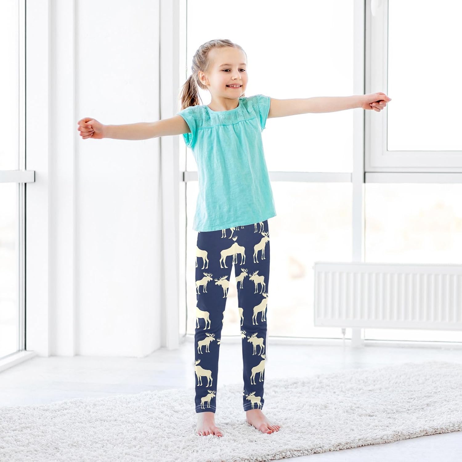 GAIREG Full-Length Girls Leggings Moose Navy Wildlife