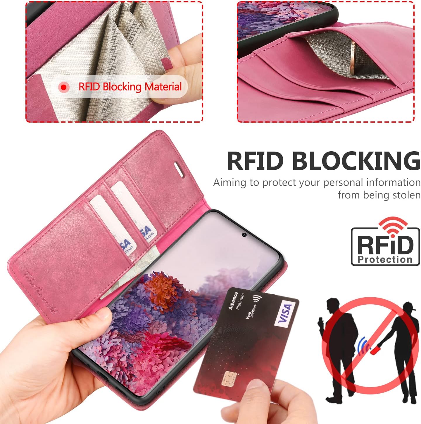 TUCCH Galaxy S20 Wallet Case, Magnetic PU Leather Stand [RFID Blocking] Card Slots Protective Folio Flip Cover with [TPU Shockproof Interior Case] Compatible with Galaxy S20 6.2-Inch, Hot Pink