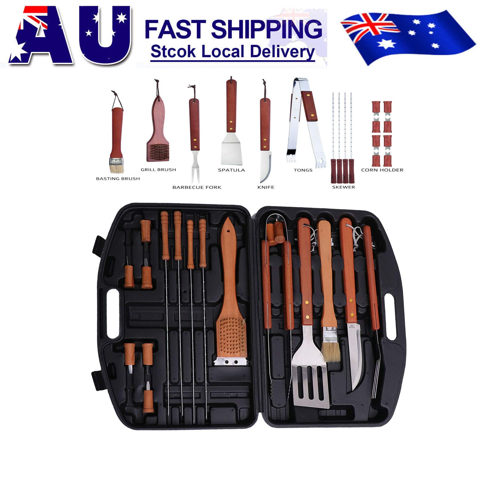 Yardwe - Set di attrezzi per barbecue, in acciaio INOX, con valigetta in plastica, 18 pezzi