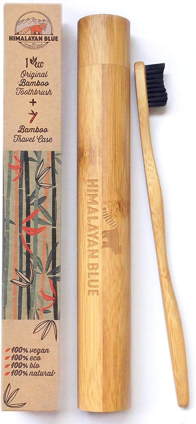 Himalayan Blue Natural Antimicrobial Bamboo Charcoal Travel Set - Biodegradable Holder Case - Organic Natural Teeth Whitening Soft but Firm Bristles for Sensitive Gum Health