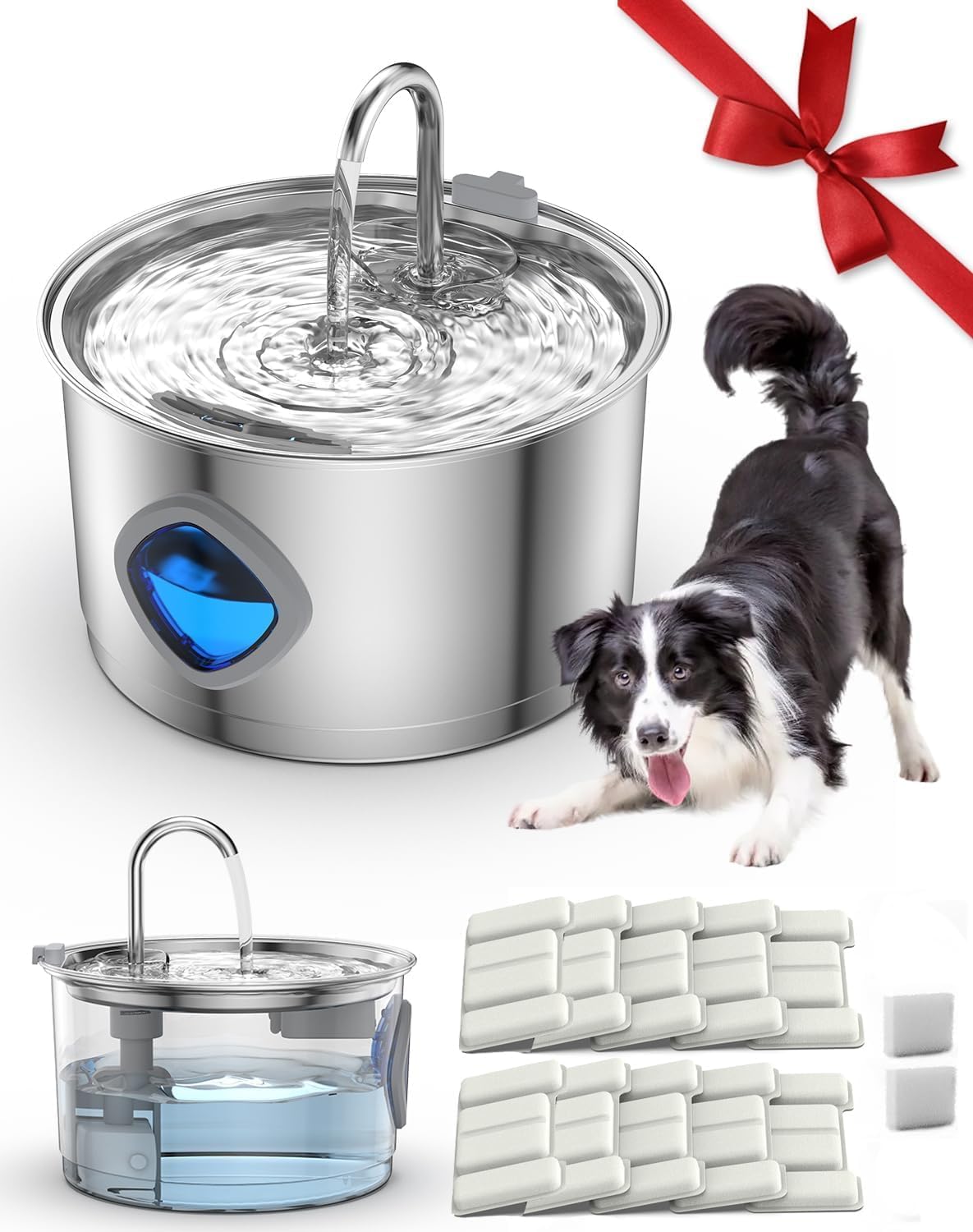 Dog Water Bowl, Set It Once - Fresh Water 24/7, 100% Safe for All Dogs, Dog Bowl with Always Clean, Never Slimy, 108oz Stainless Steel Water Fountain (1pc, 10+2 Filter)