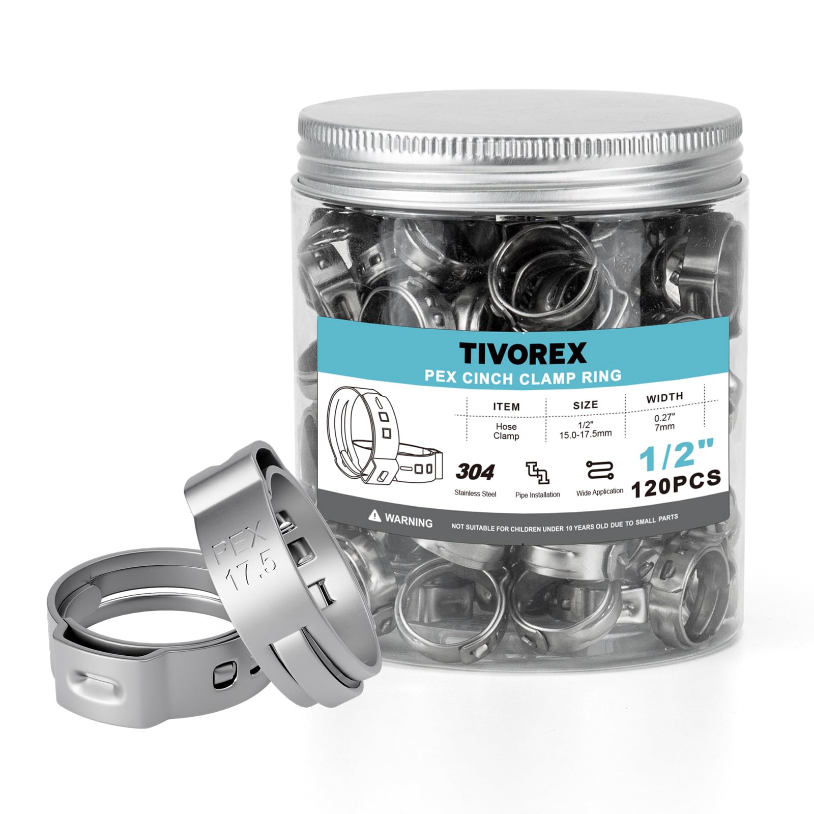 120 Pack 1/2 Inch PEX Cinch Clamps Rings, 304 Stainless Steel