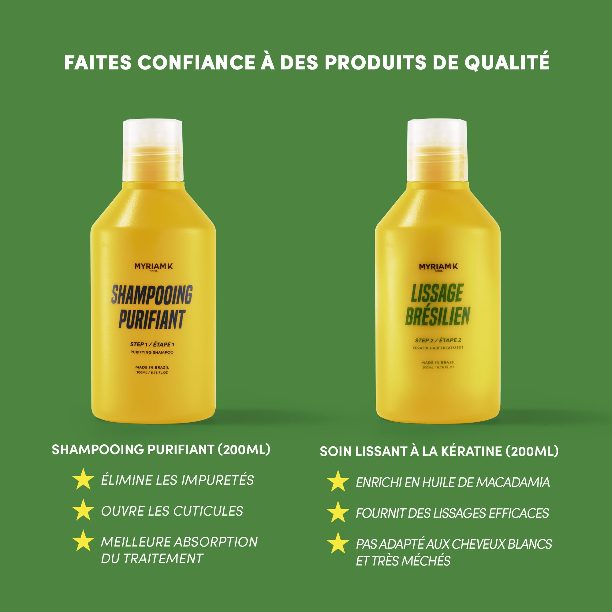 MYRIAM K PARIS – Kit de Lissage Brésilien 2x200ml – Soin Lissant à la Kératine – Anti-Frisottis & Brillance Intense – Sans Acide Glyoxylique – Pour Cheveux Bouclés, Frisés, Ondulés ou Raides