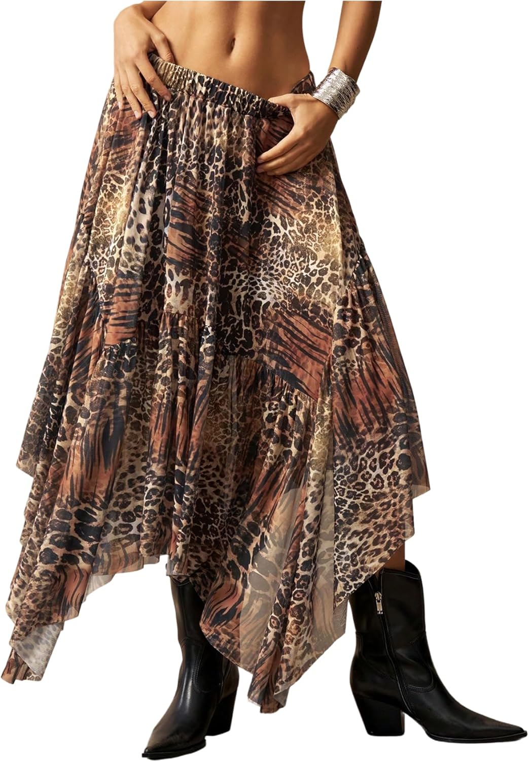 Women's Floral Asymmetrical Midi Skirt Boho Ruffle Mesh Elastic High Waist A Line Flowy Skirt Vintage Pirate Skirt