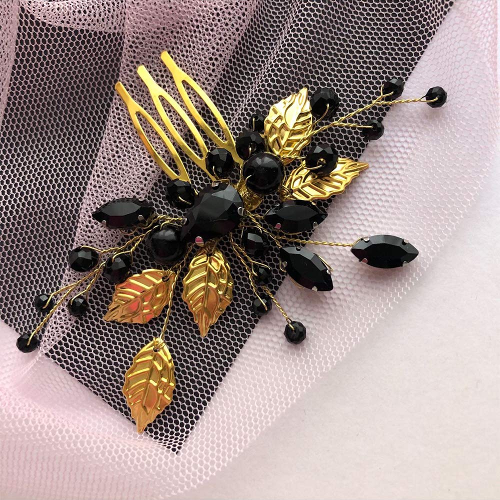 Amazon.com : Aimimier Bridal Black Crystal Hair Comb Gold  display picture 1
