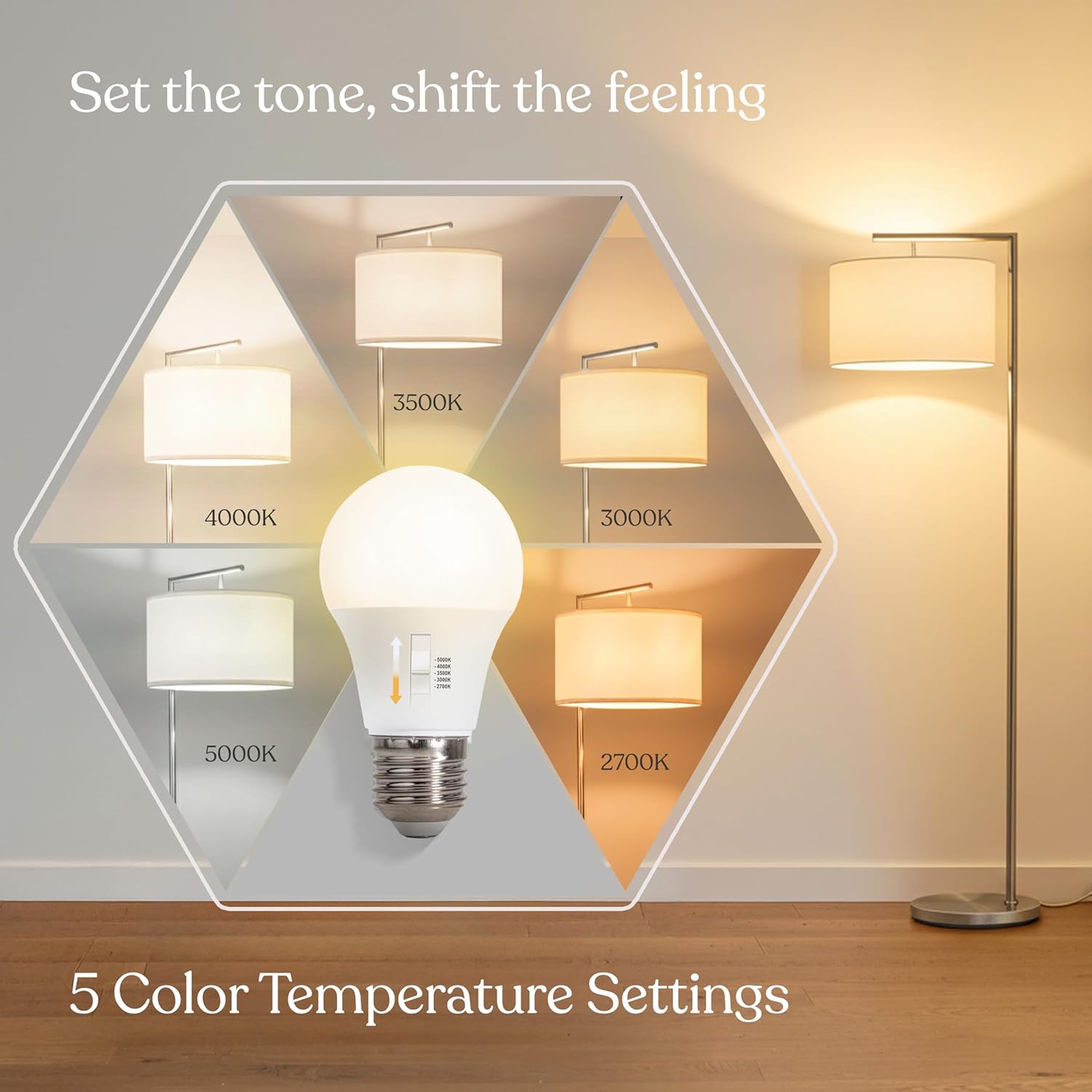 Brightech Montage Modern Floor Lamp - LED Standing Lamp with White Shade and Adjustable Color for Living Rooms & Offices - Tall Corner Bedroom Reading Light for Contemporary Home Decor - Satin Nickel