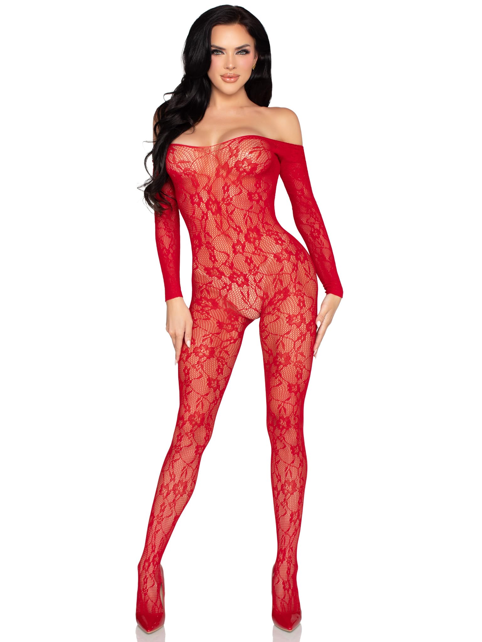 Leg Avenue Women’s Lace Lingerie Bodystocking, Red, One Size
