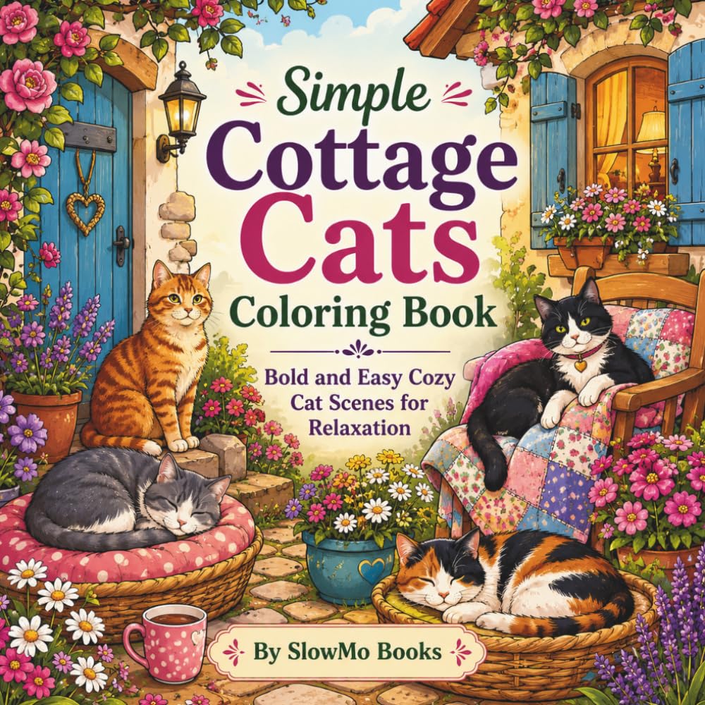 Simple Cottage Cats Coloring Book: Bold and Easy Cozy Cat Scenes for Relaxation