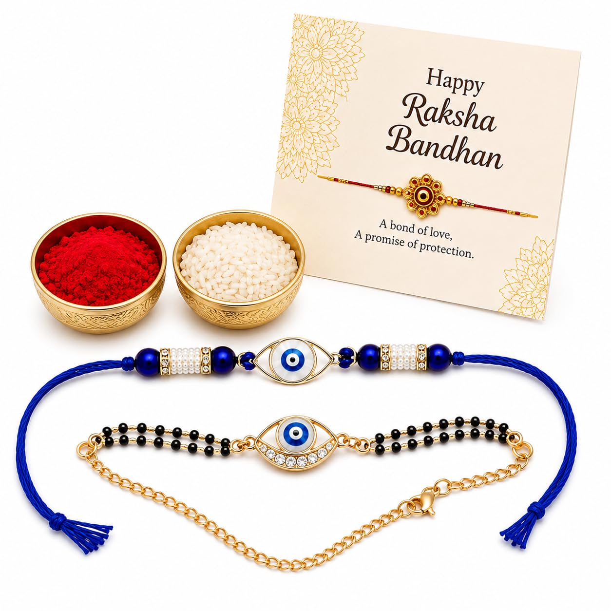 Bhaiya Bhabhi Evil Eye Rakhi & Lumba Set with Roli Chawal, Best Wishes Greeting Card & Lord Ganesha Idol | Raksha Bandhan Gift Combo for Brother & Sister-in-Law-image-43