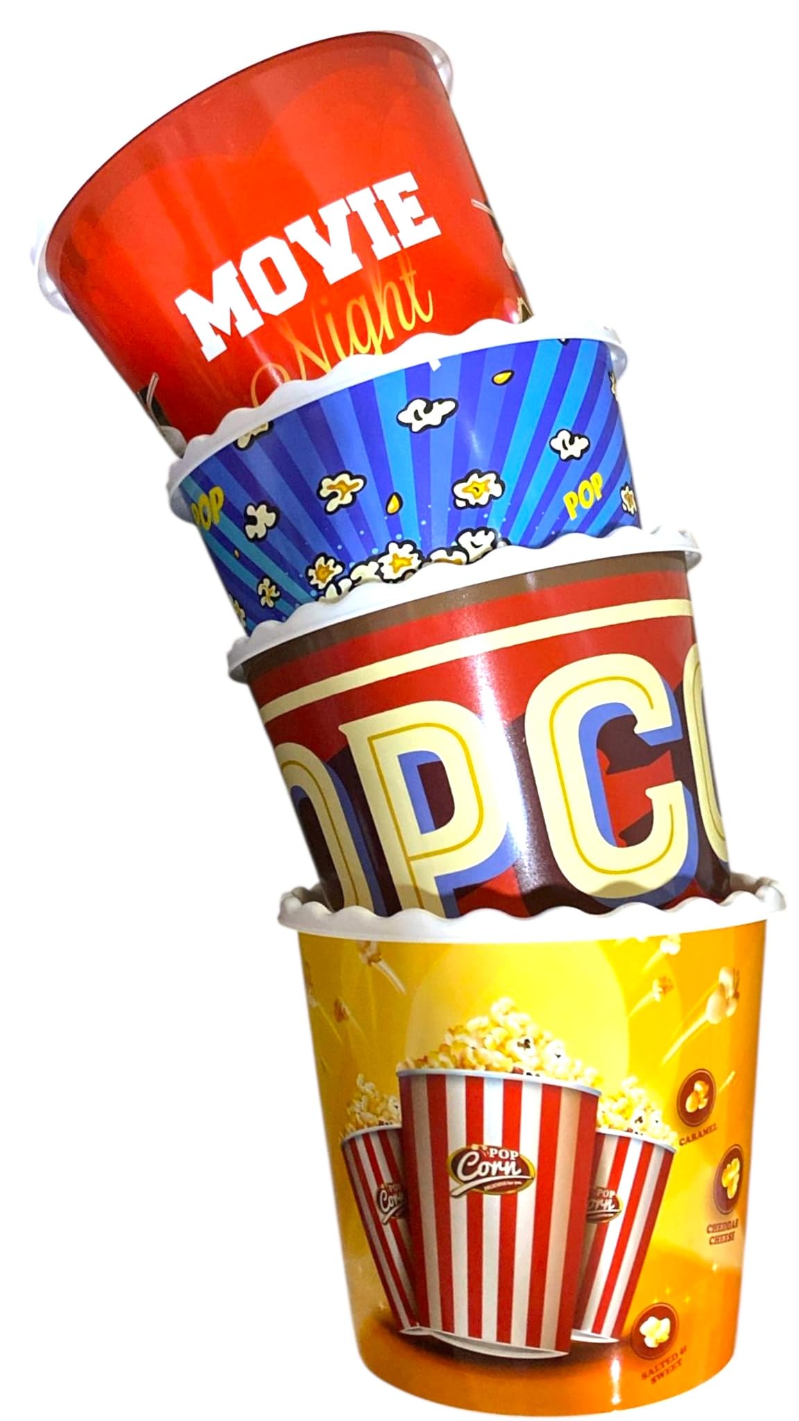 Juego de caja de plástico reutilizable para palomitas de maíz, recipientes para palomitas de maíz, cuencos para noche de cine (sin BPA, paquete de 4, 75 onzas), mezcla de palomitas de maíz