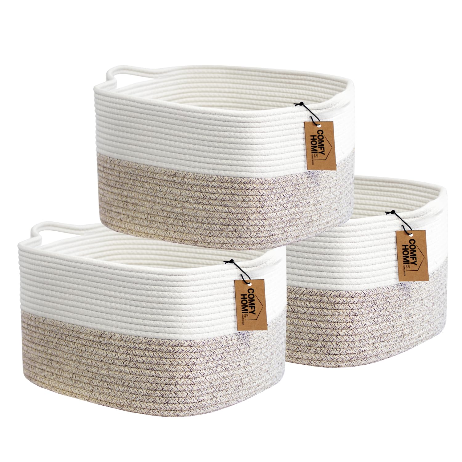 COMFY-HOMI 3-Pack Cotton Rope Woven Basket with Handles for Shelves, Books, Toys, Cloth Storage|Towel Storage|Nursery Baby Basket - 13.5" x 11" x 9.5" for Living Room (White/Brown)