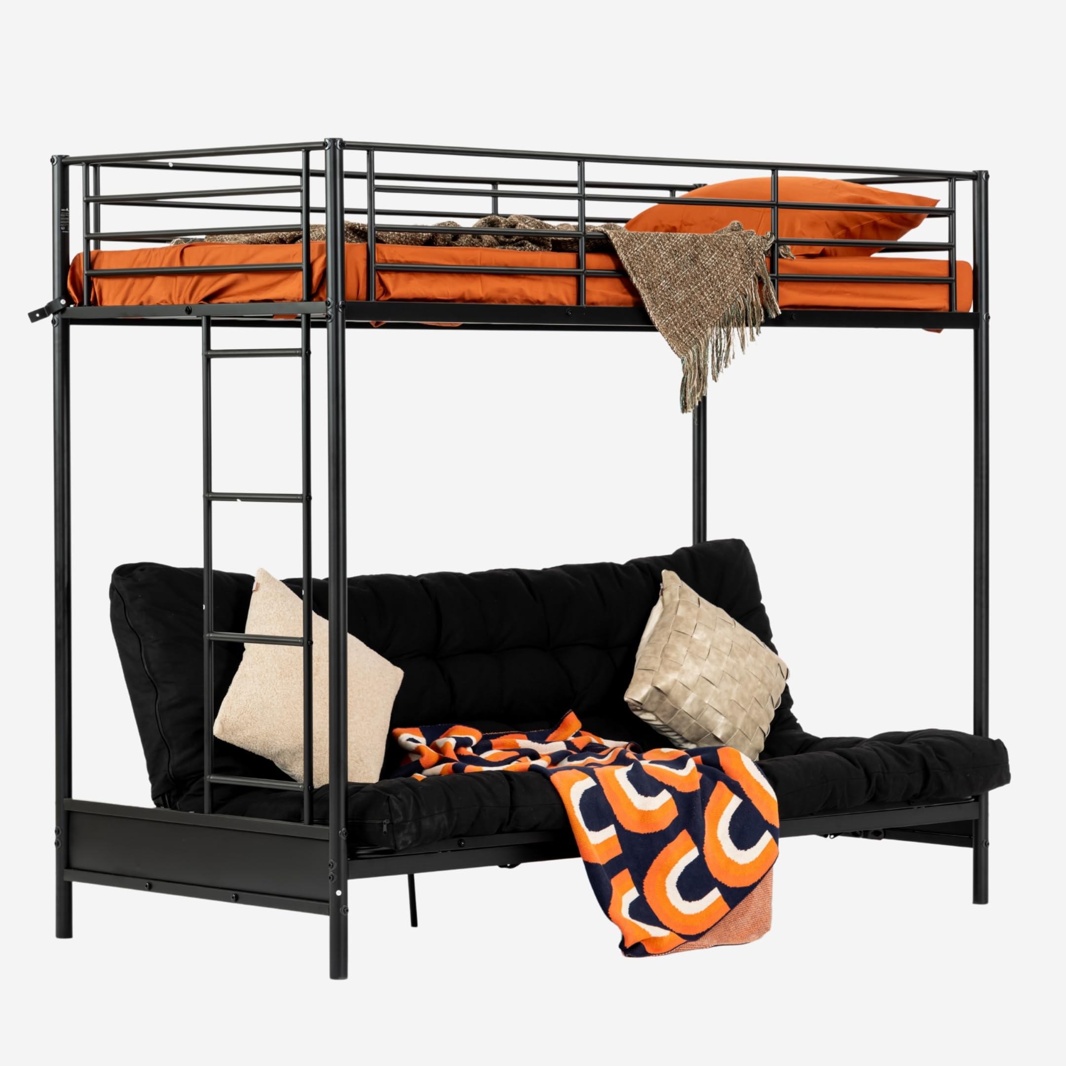 MEUBLE COSY Letto a Castello 90x190 cm con Divano Trasformabile e Rete a Doghe in Metallo, Stile Industriale, Letti per Camerette, Bambini, Adulti, Casa, Nero
